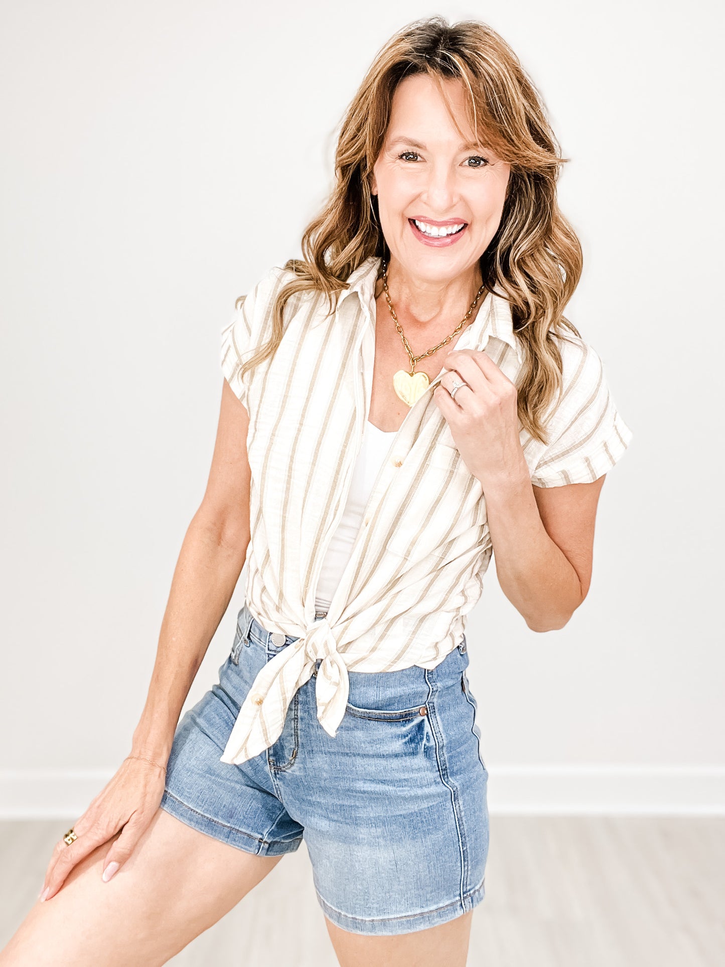 Striped Collared Short Sleeve Button Down Top