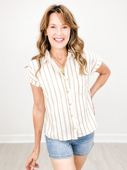 Striped Collared Short Sleeve Button Down Top