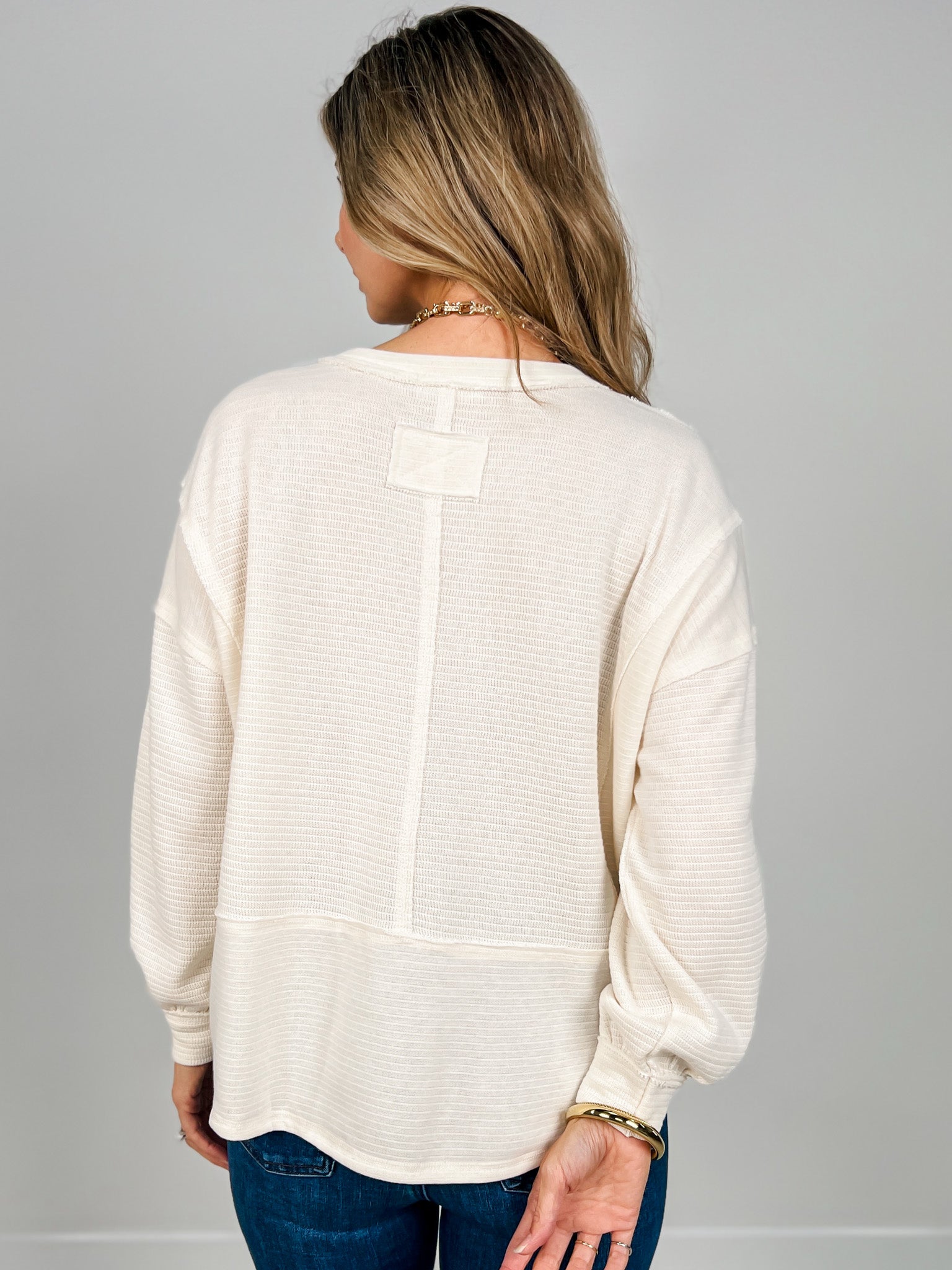Long Sleeve Solid Patchwork Split Neck Knit Top