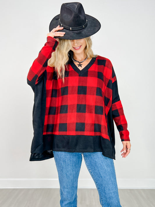 Long Sleeve V-Neck Check Knit Top