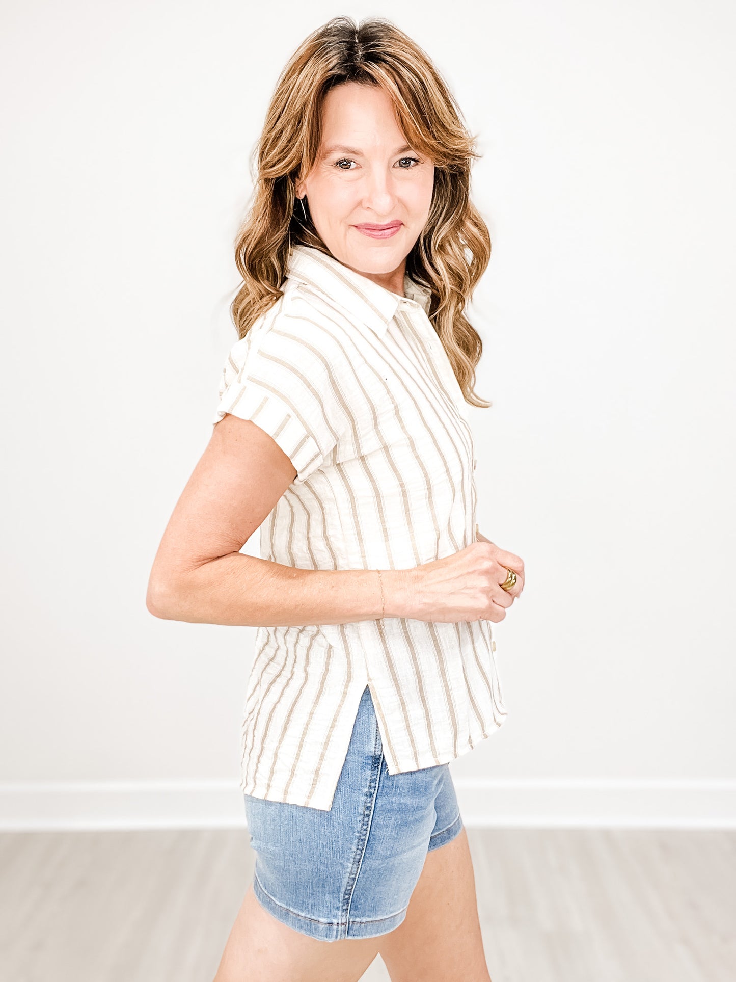 Striped Collared Short Sleeve Button Down Top