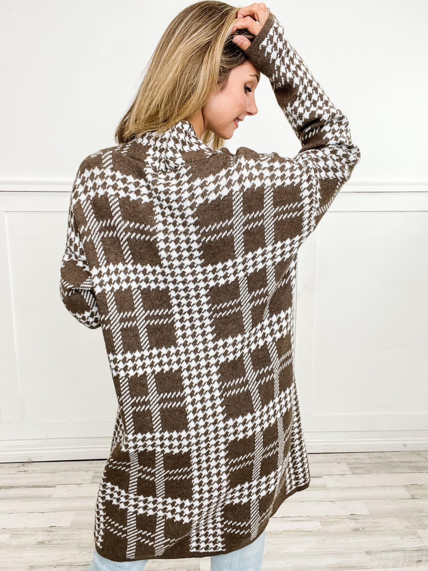 Long Length Houndstooth Open Front Cardigan