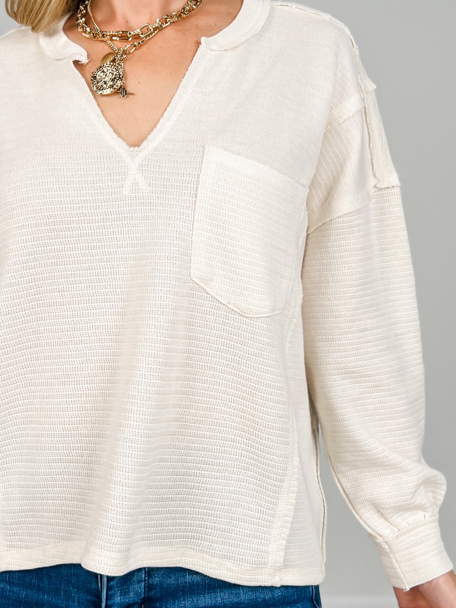 Long Sleeve Solid Patchwork Split Neck Knit Top