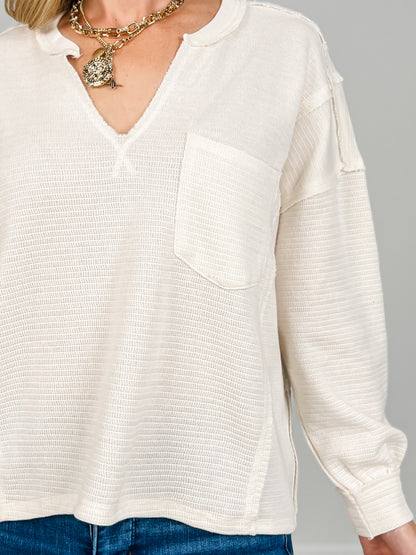 Long Sleeve Solid Patchwork Split Neck Knit Top