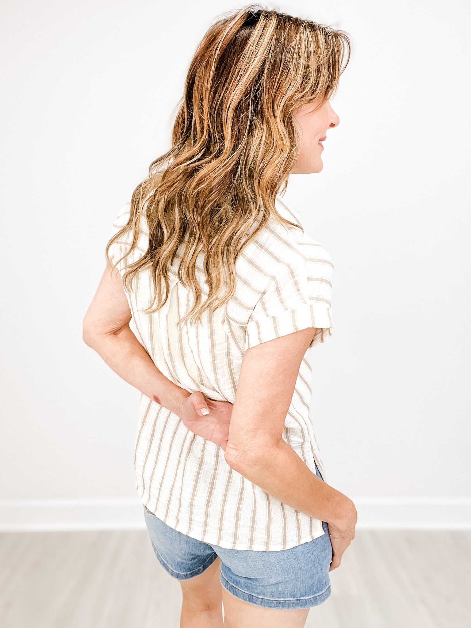 Striped Collared Short Sleeve Button Down Top