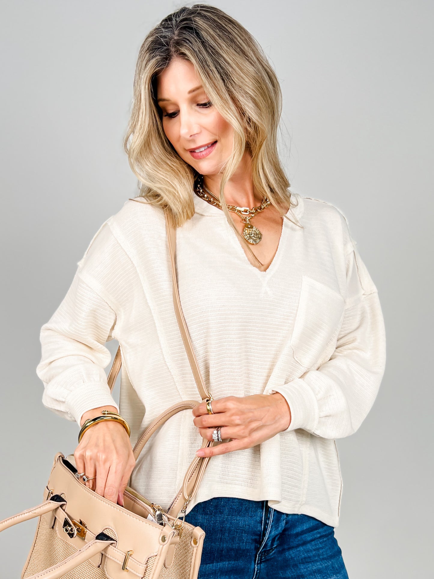 Long Sleeve Solid Patchwork Split Neck Knit Top