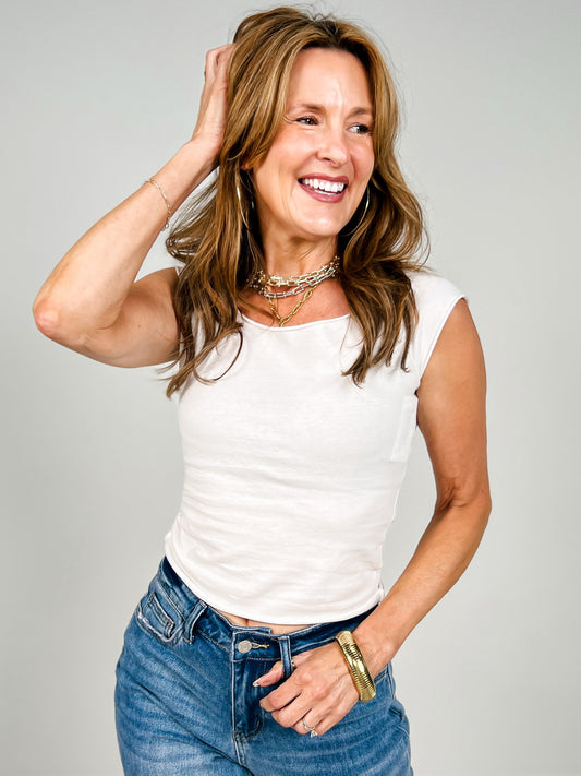 Washed Raw Edge Boat Neck Short Sleeve Top