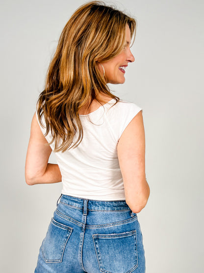 Washed Raw Edge Boat Neck Short Sleeve Top