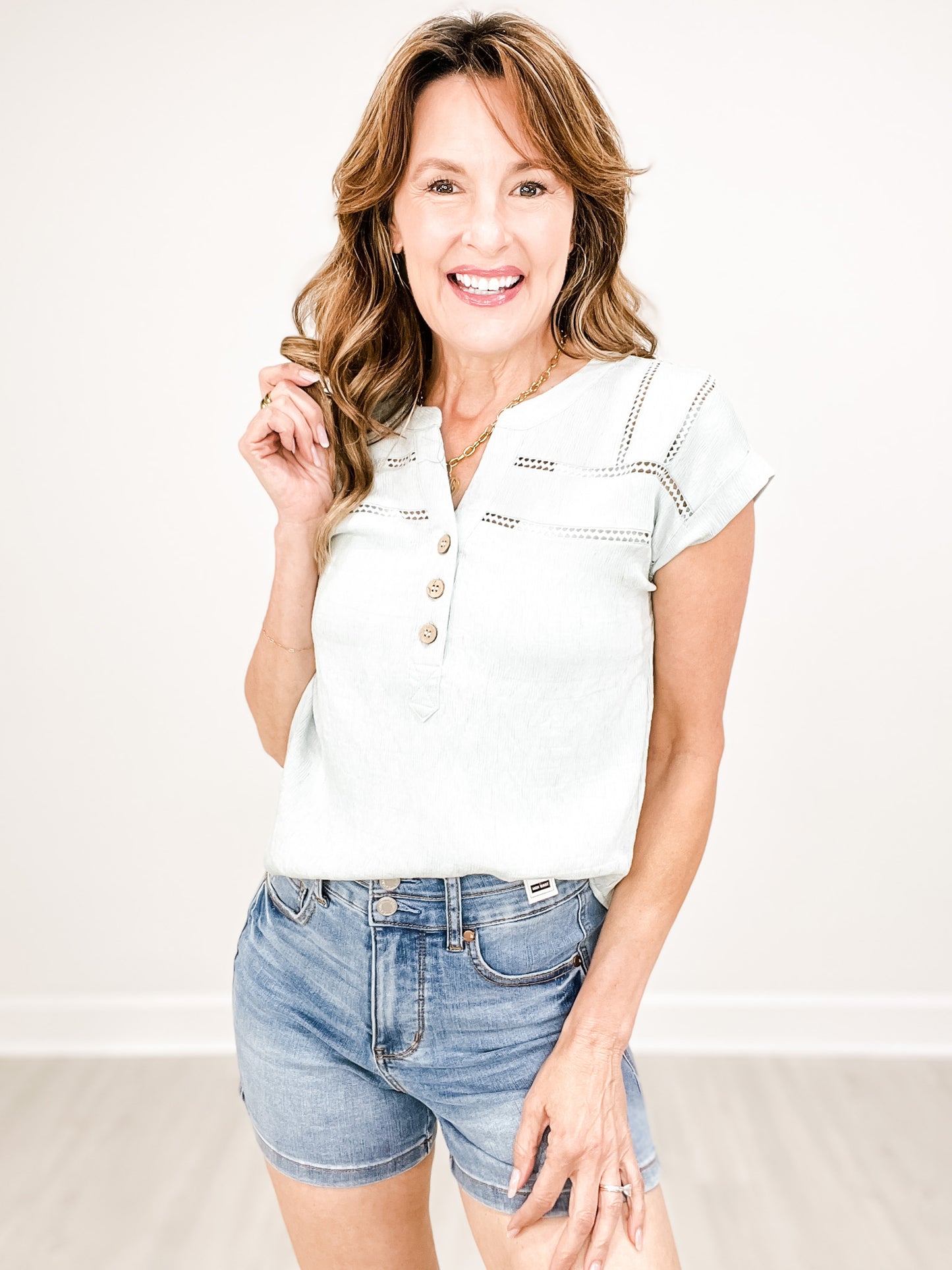 Crochet Lace Trim Short Sleeve Henley Top