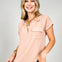 Split Neck Back Button Short Fold Sleeve Top
