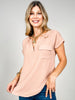 Split Neck Back Button Short Fold Sleeve Top