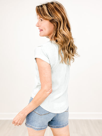Crochet Lace Trim Short Sleeve Henley Top