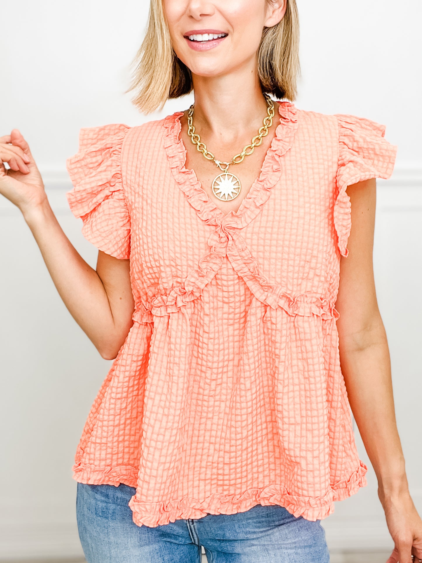 As Time Goes By Crinkle Textured Ruffle Detail V-Neck Top