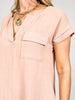 Split Neck Back Button Short Fold Sleeve Top