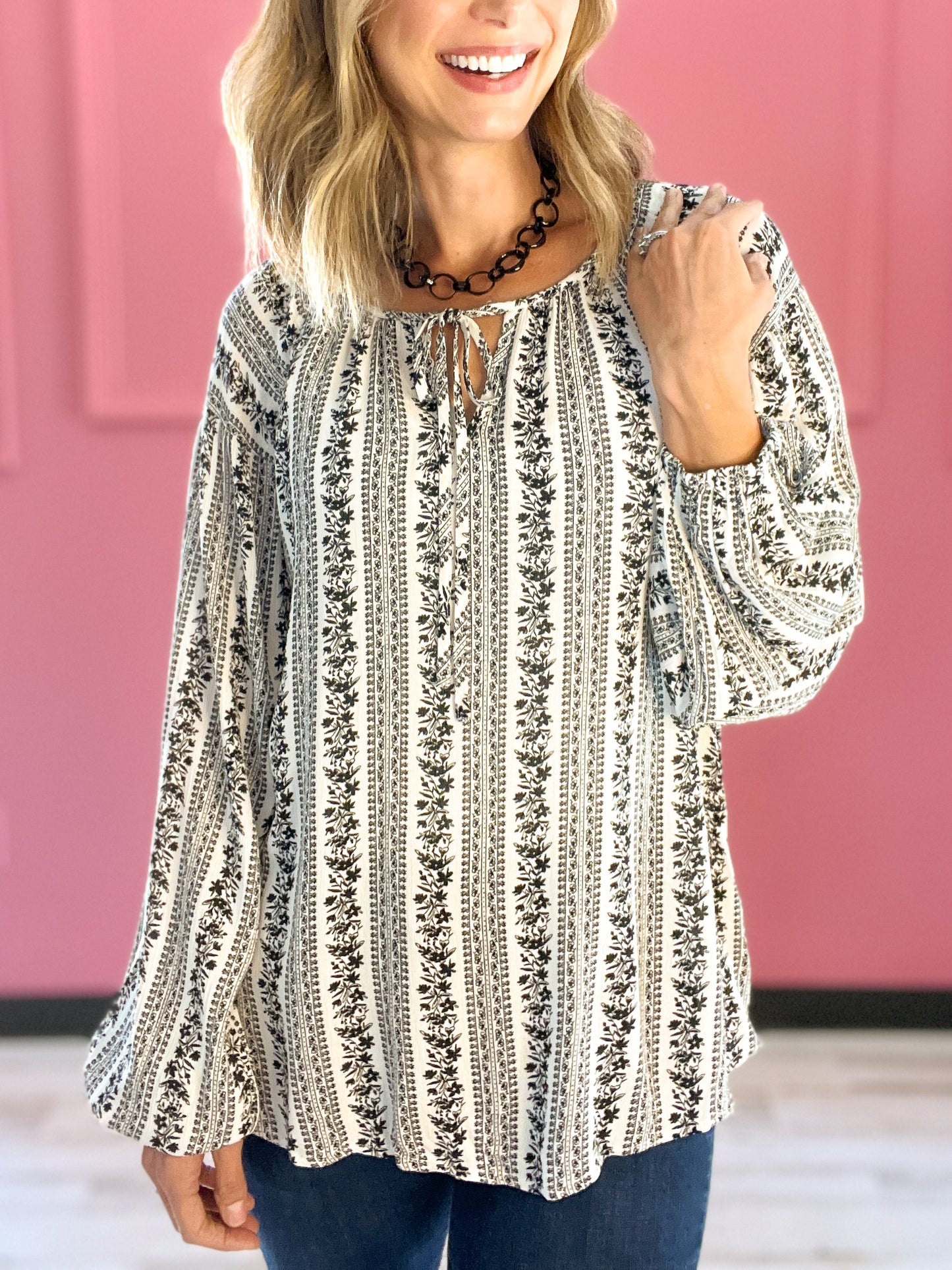 Bohemian Round Split Neck Flare Top with Balloon Sleeves