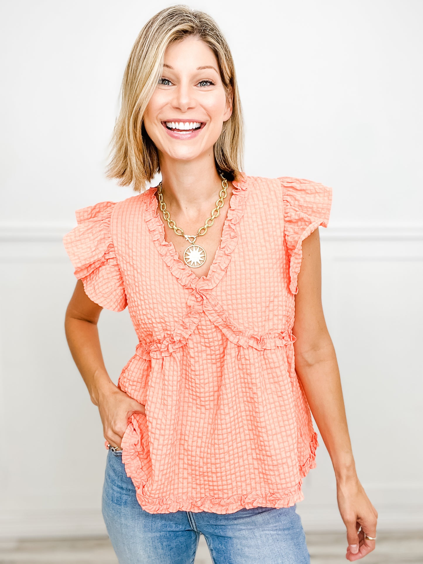 As Time Goes By Crinkle Textured Ruffle Detail V-Neck Top