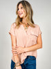Split Neck Back Button Short Fold Sleeve Top