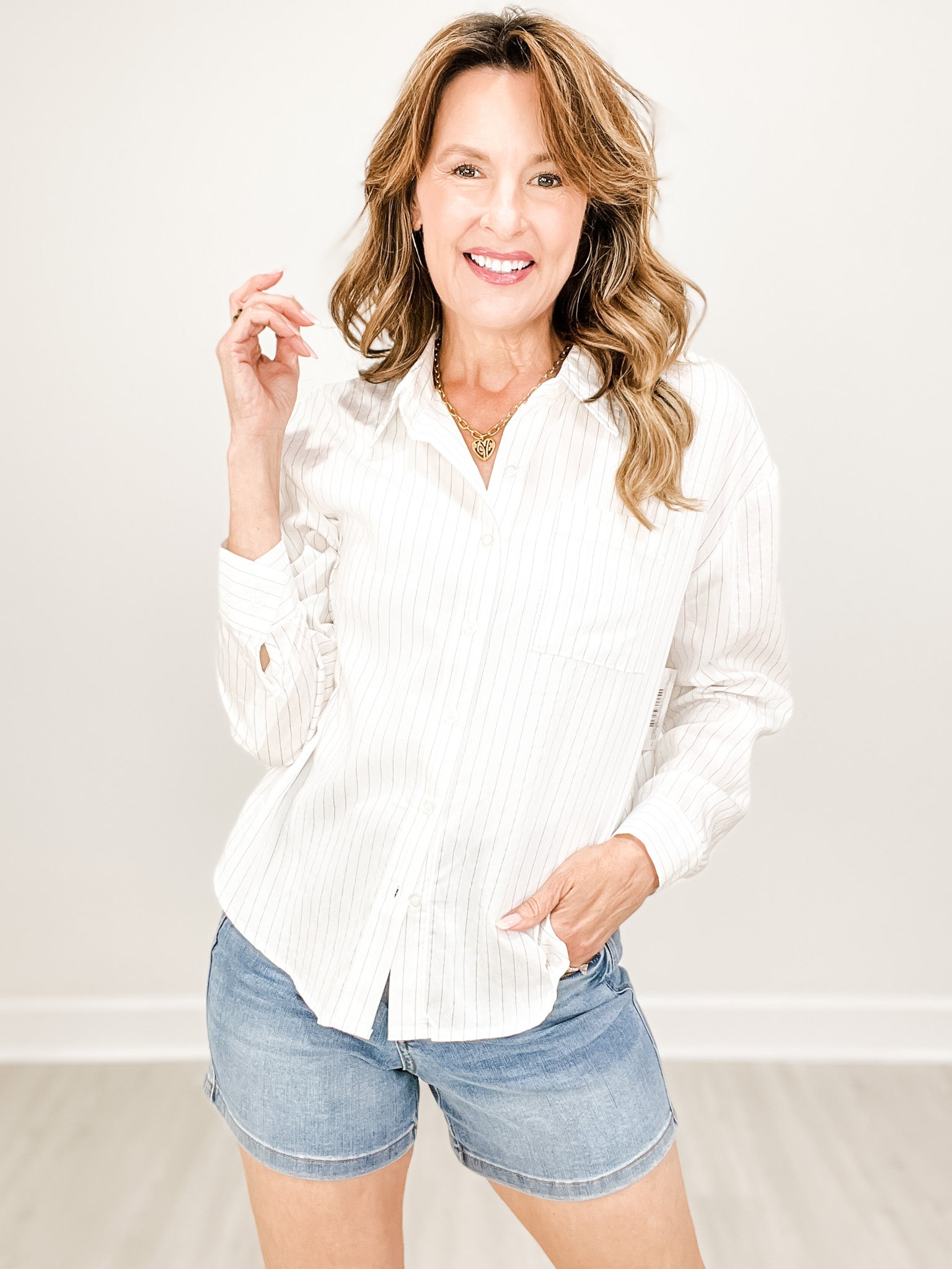 Pinstripe Collared Long Sleeve Button-Down Top