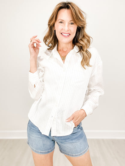 Pinstripe Collared Long Sleeve Button-Down Top