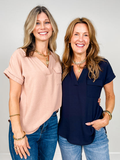 Split Neck Back Button Short Fold Sleeve Top