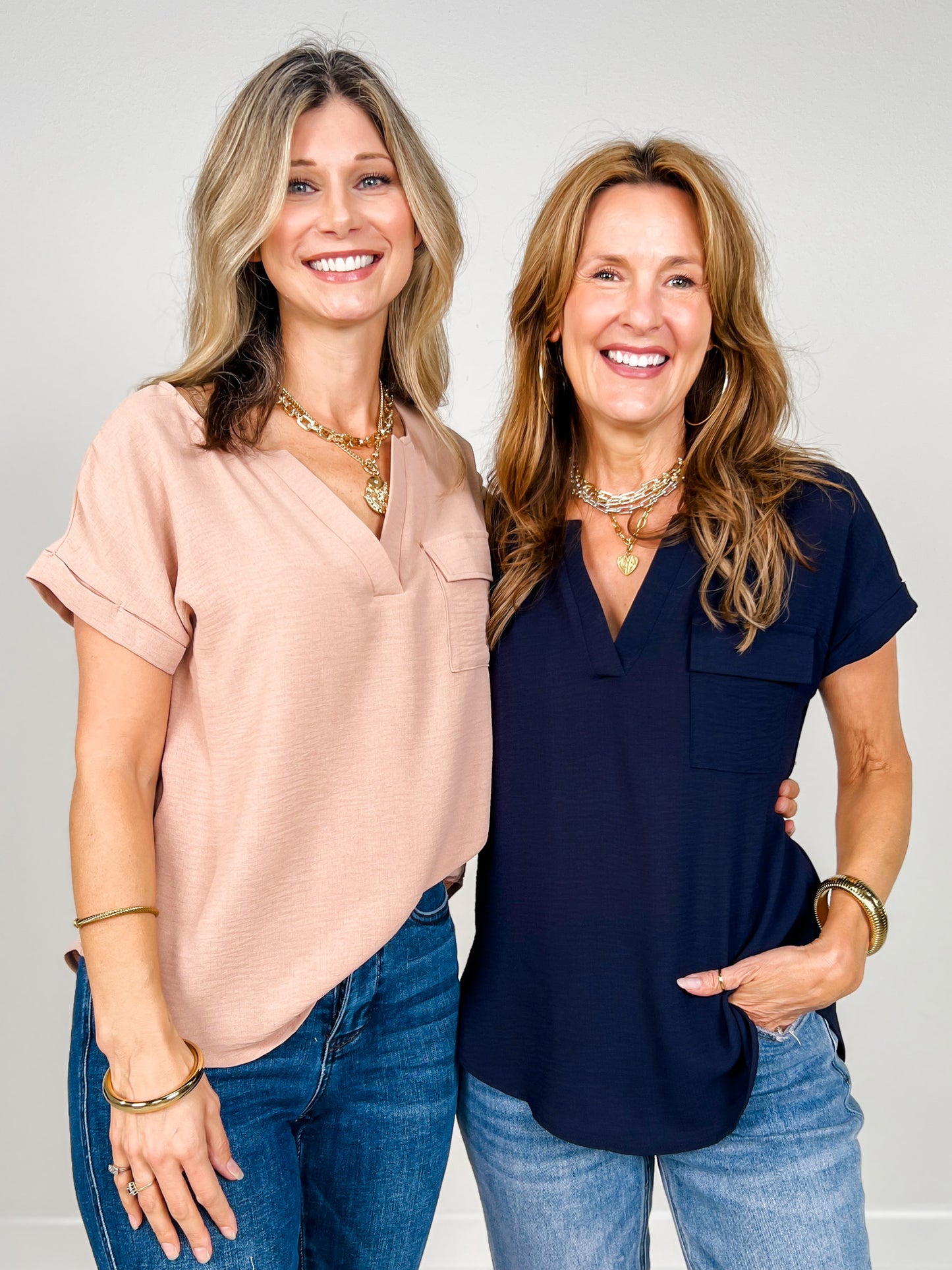 Split Neck Back Button Short Fold Sleeve Top