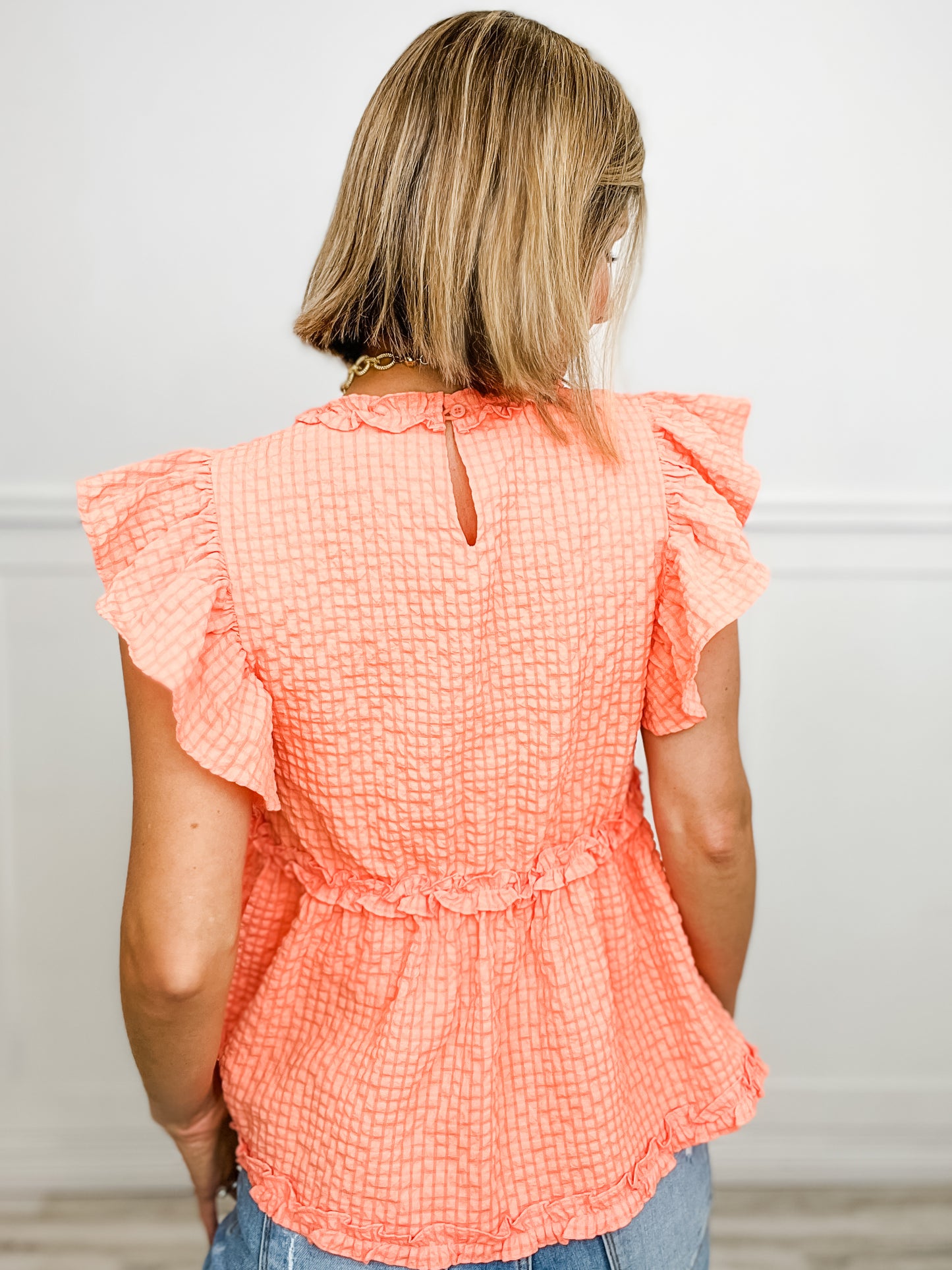 As Time Goes By Crinkle Textured Ruffle Detail V-Neck Top