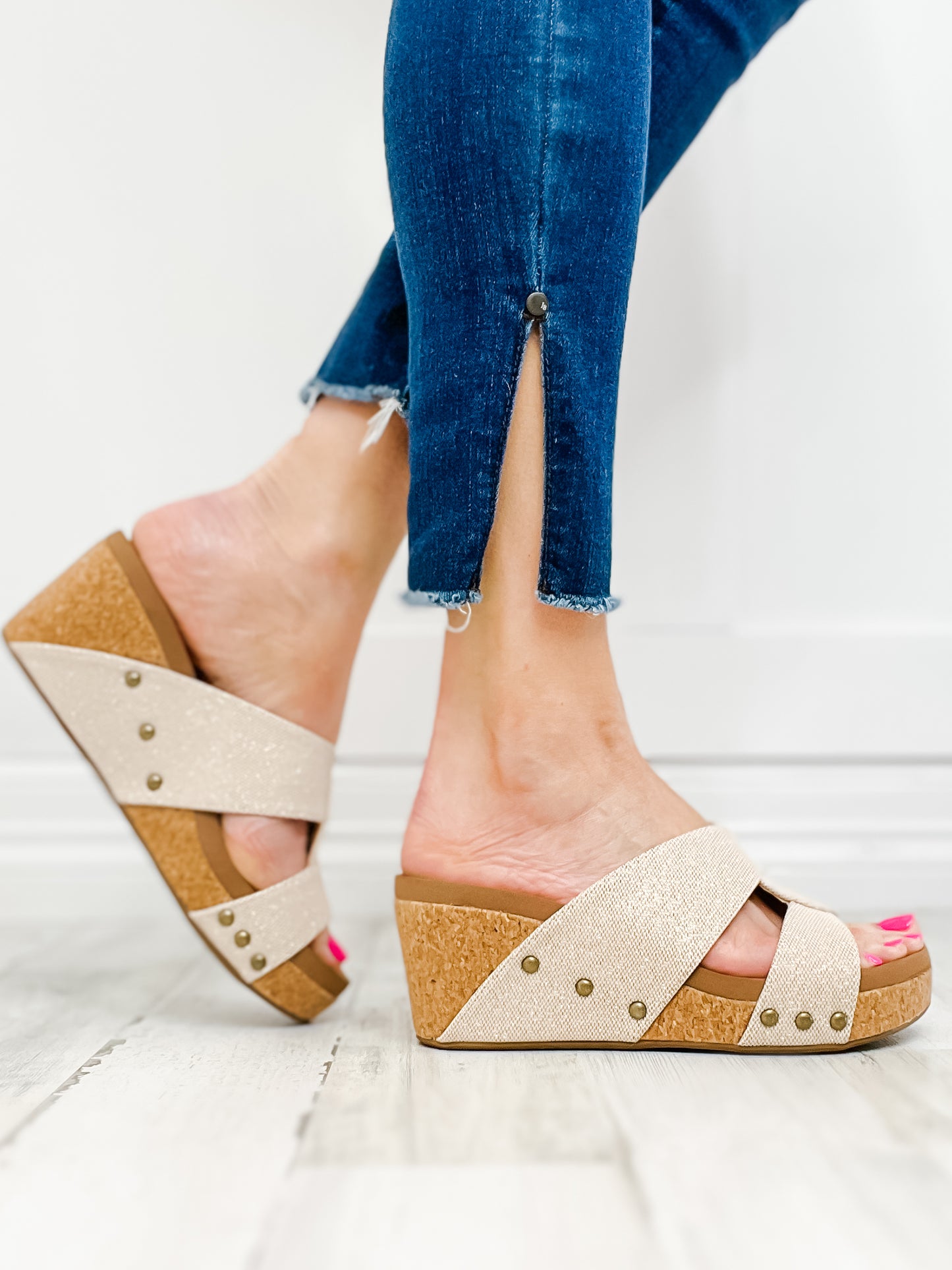 Corkys Bonny Gold Shimmer Wedge Sandals