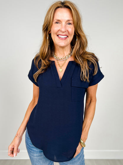 Split Neck Back Button Short Fold Sleeve Top