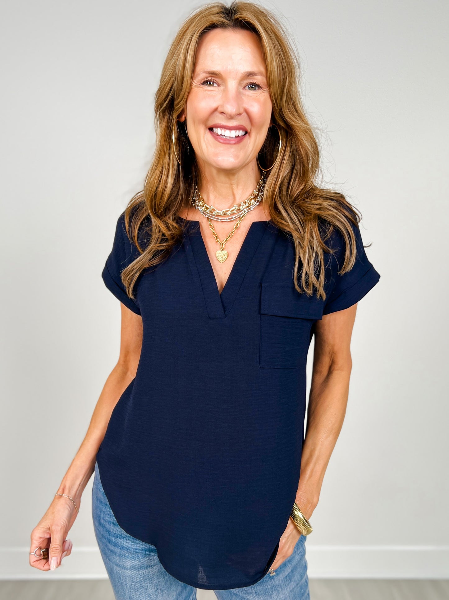 Split Neck Back Button Short Fold Sleeve Top