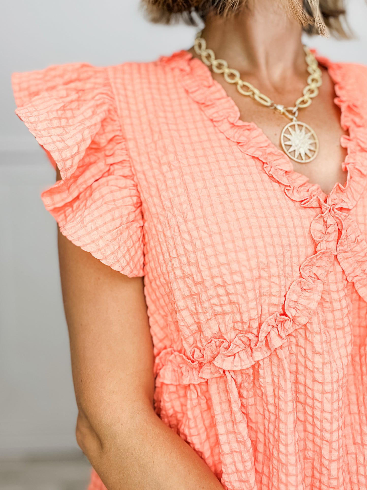 As Time Goes By Crinkle Textured Ruffle Detail V-Neck Top