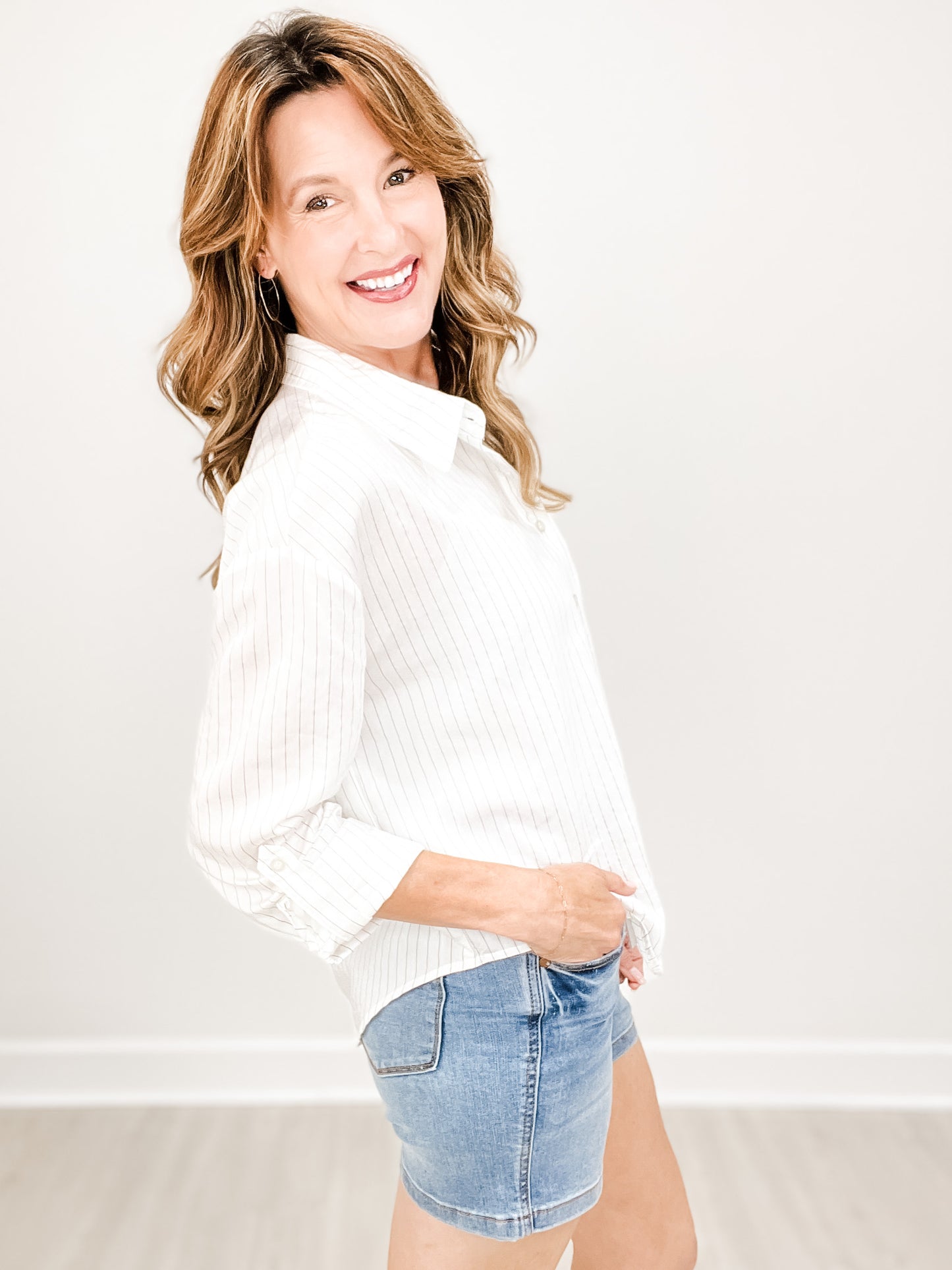 Pinstripe Collared Long Sleeve Button-Down Top