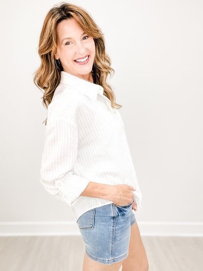 Pinstripe Collared Long Sleeve Button-Down Top