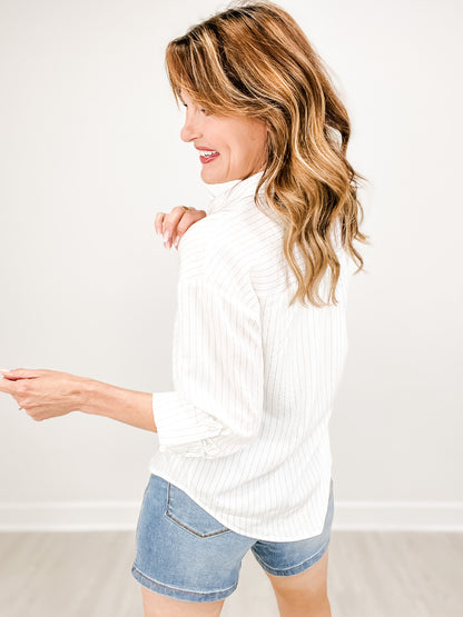 Pinstripe Collared Long Sleeve Button-Down Top