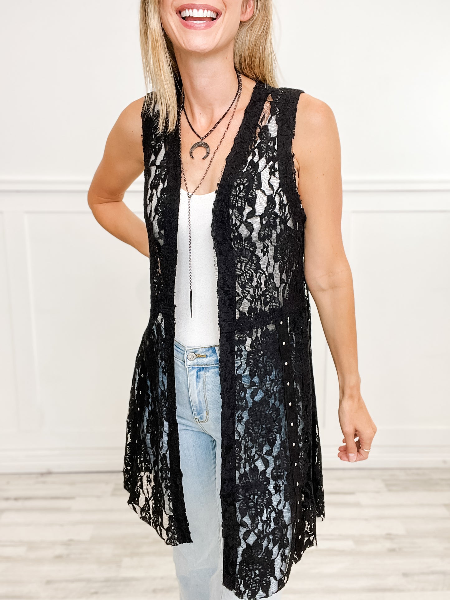 Sleeveless Lacey Vest with Stud Detail