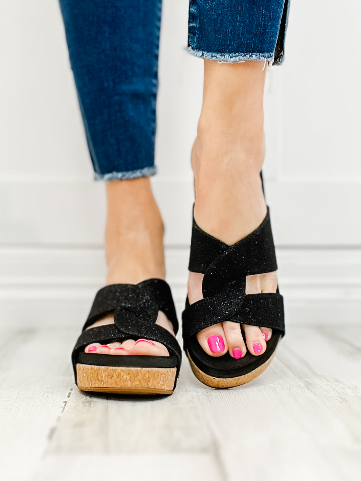 Corkys Bonny Black Shimmer Wedge Sandals