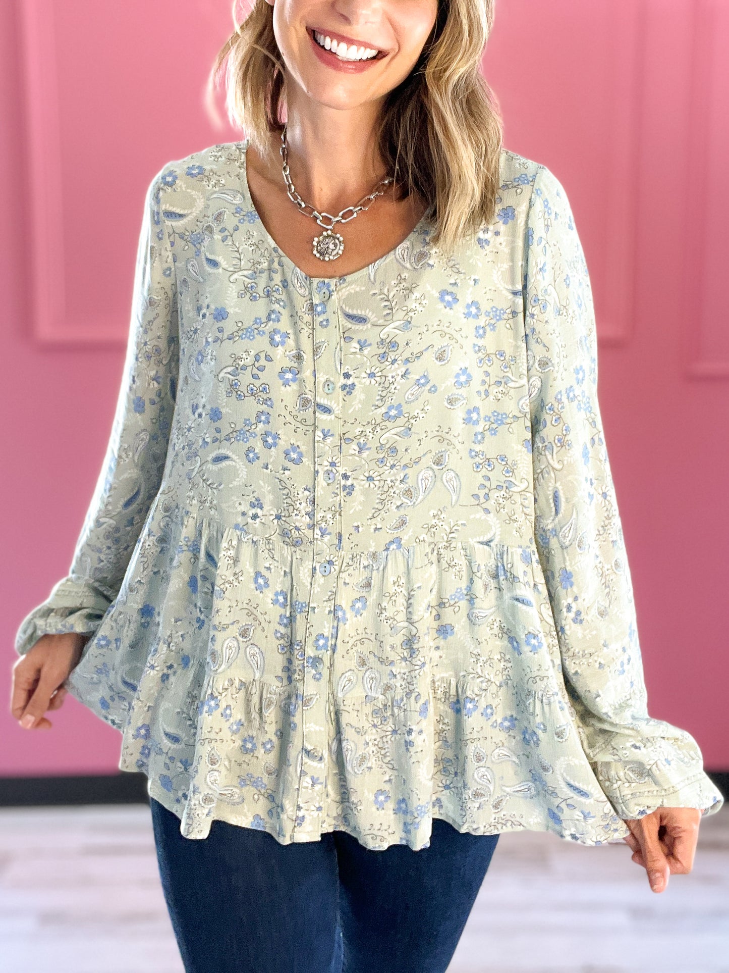 Paisley Border Printed Button Down Flare Top