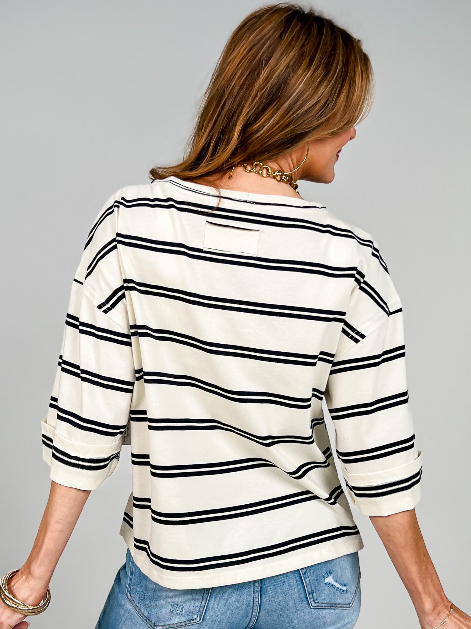 Stripe Raw Edge Cuff Sleeve Oversized Top