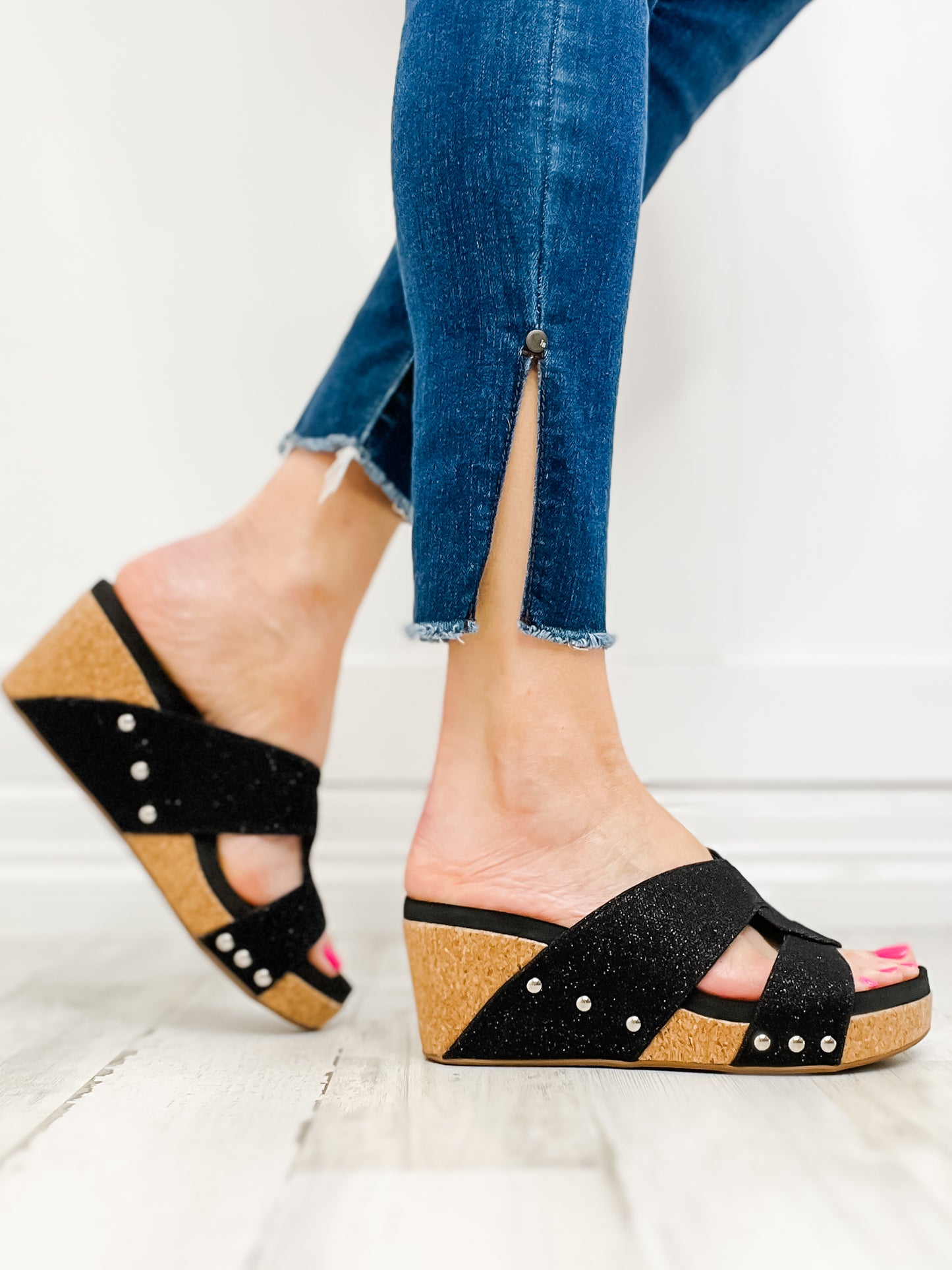 Corkys Bonny Black Shimmer Wedge Sandals