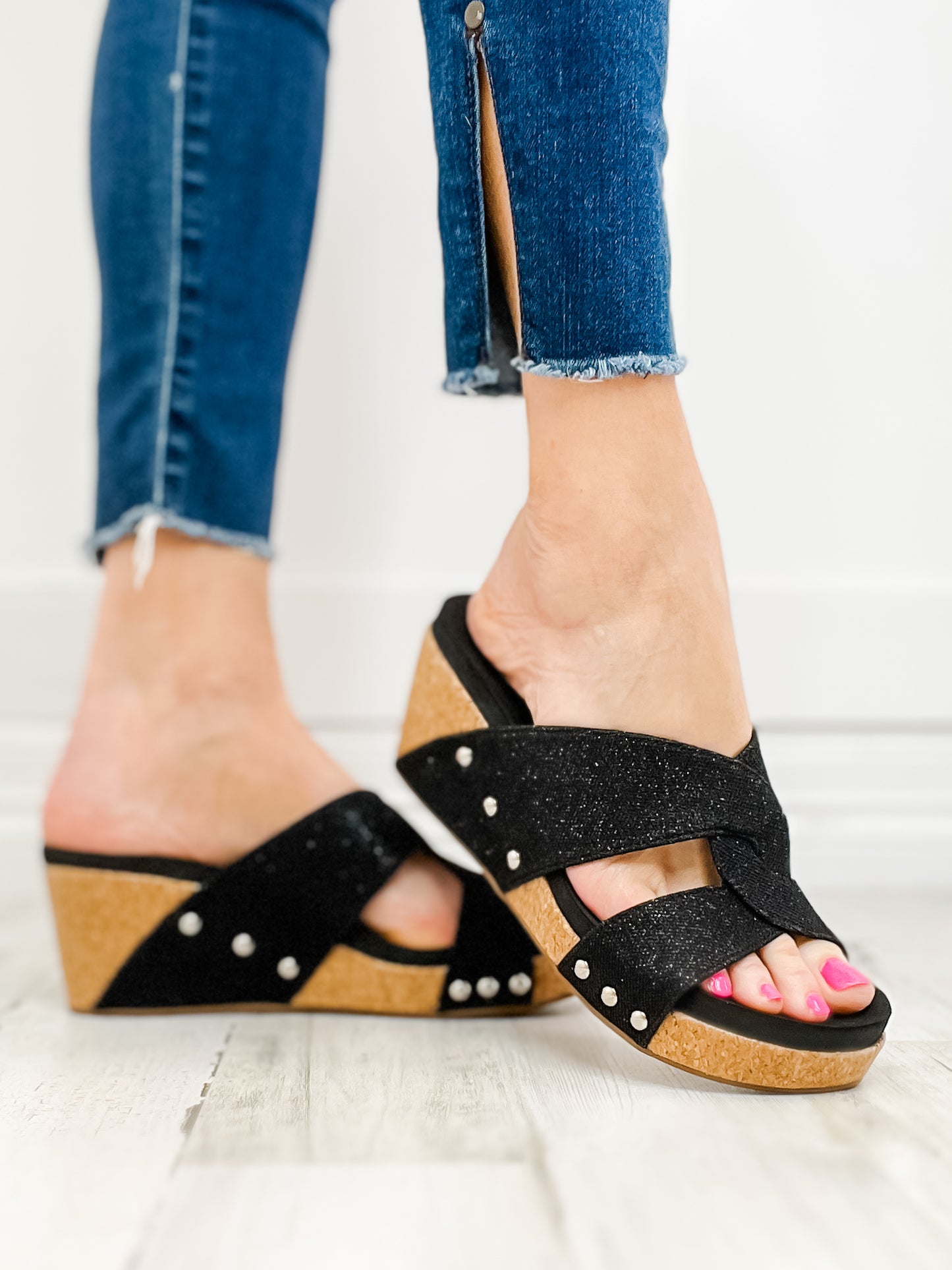 Corkys Bonny Black Shimmer Wedge Sandals