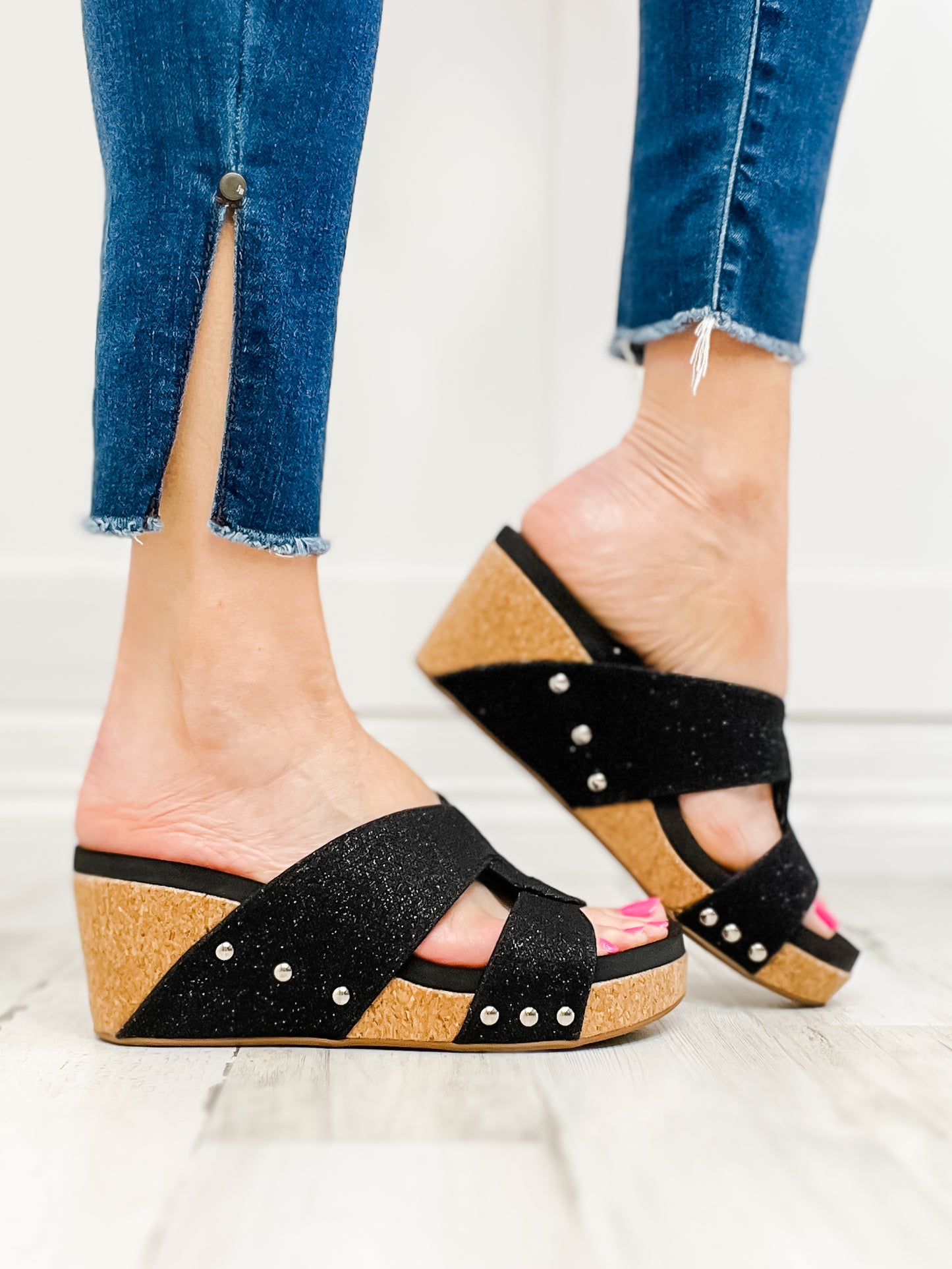 Corkys Bonny Black Shimmer Wedge Sandals