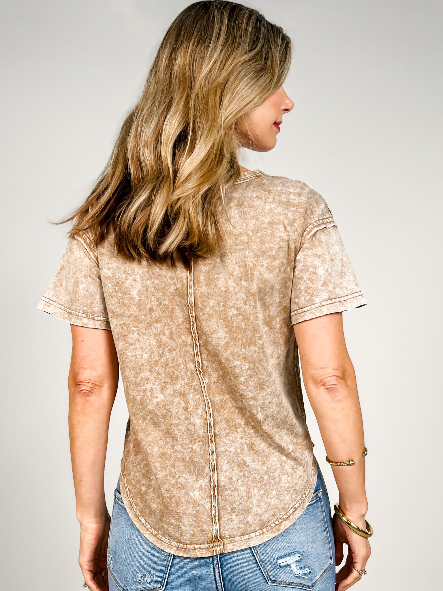 Washed Scoop Neck Raw Edge Short Sleeve Top