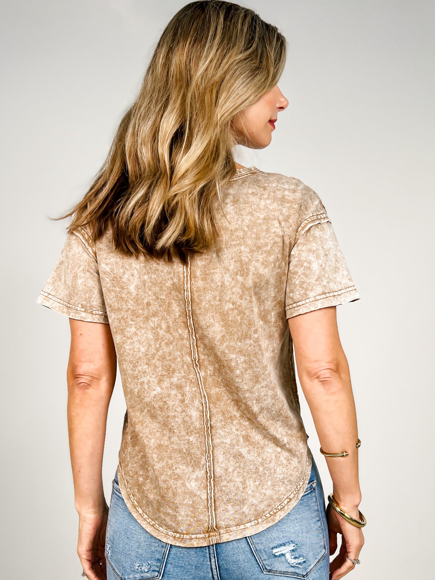 Washed Scoop Neck Raw Edge Short Sleeve Top