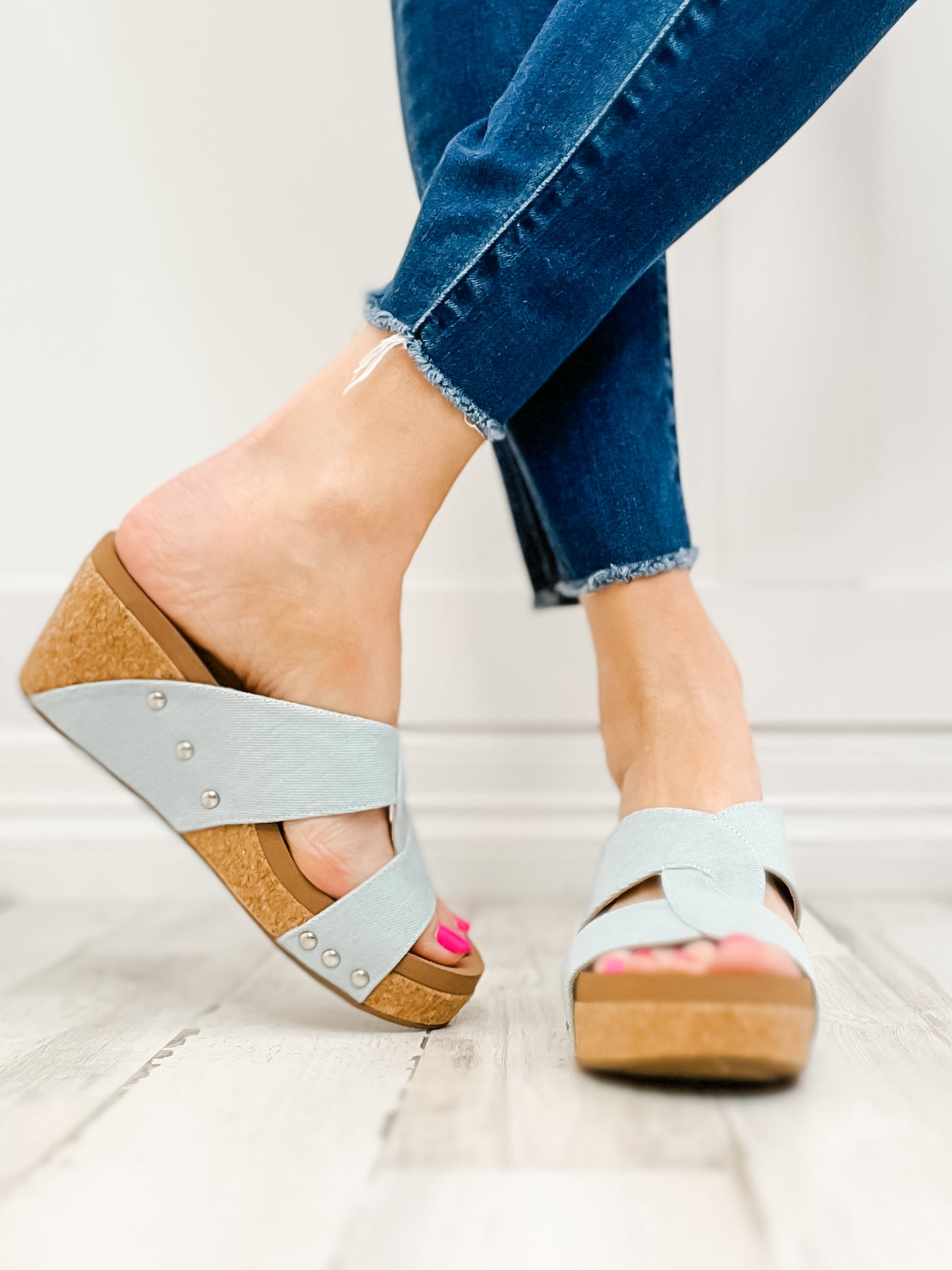 Corkys Bonny Light Blue Denim Wedge Sandals