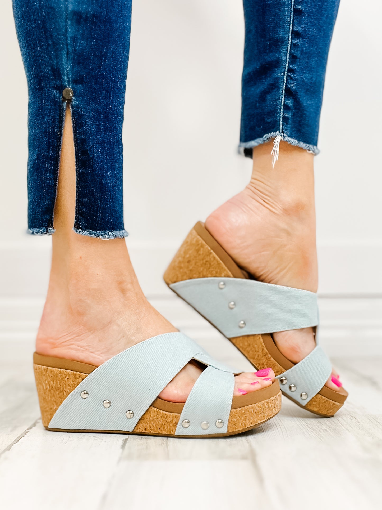 Corkys Bonny Light Blue Denim Wedge Sandals