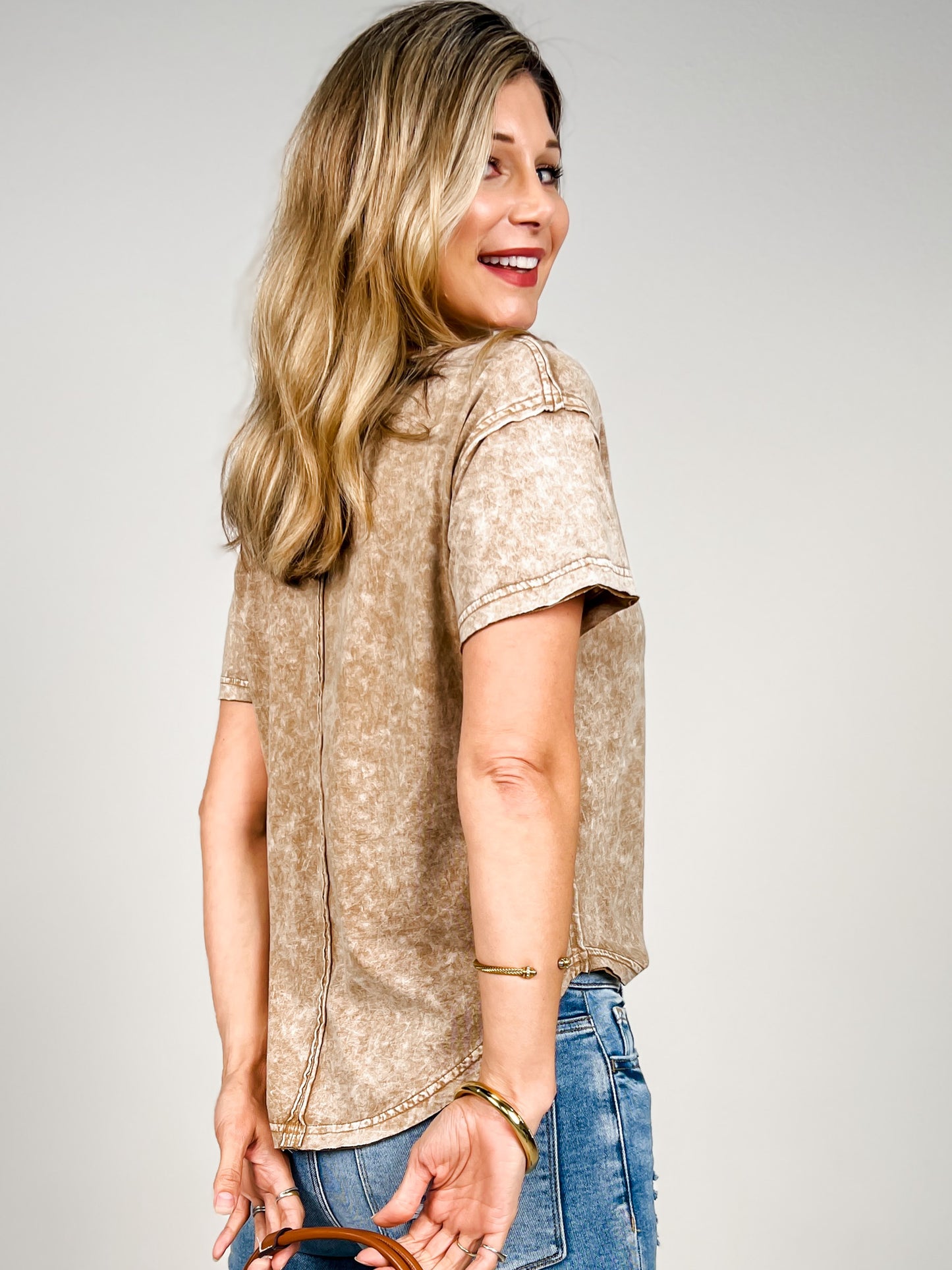 Washed Scoop Neck Raw Edge Short Sleeve Top