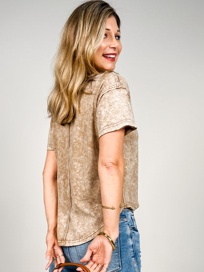 Washed Scoop Neck Raw Edge Short Sleeve Top