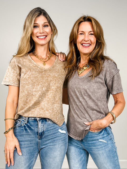 Washed Scoop Neck Raw Edge Short Sleeve Top