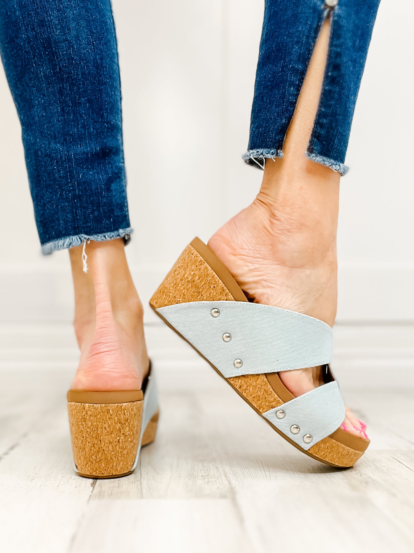 Corkys Bonny Light Blue Denim Wedge Sandals