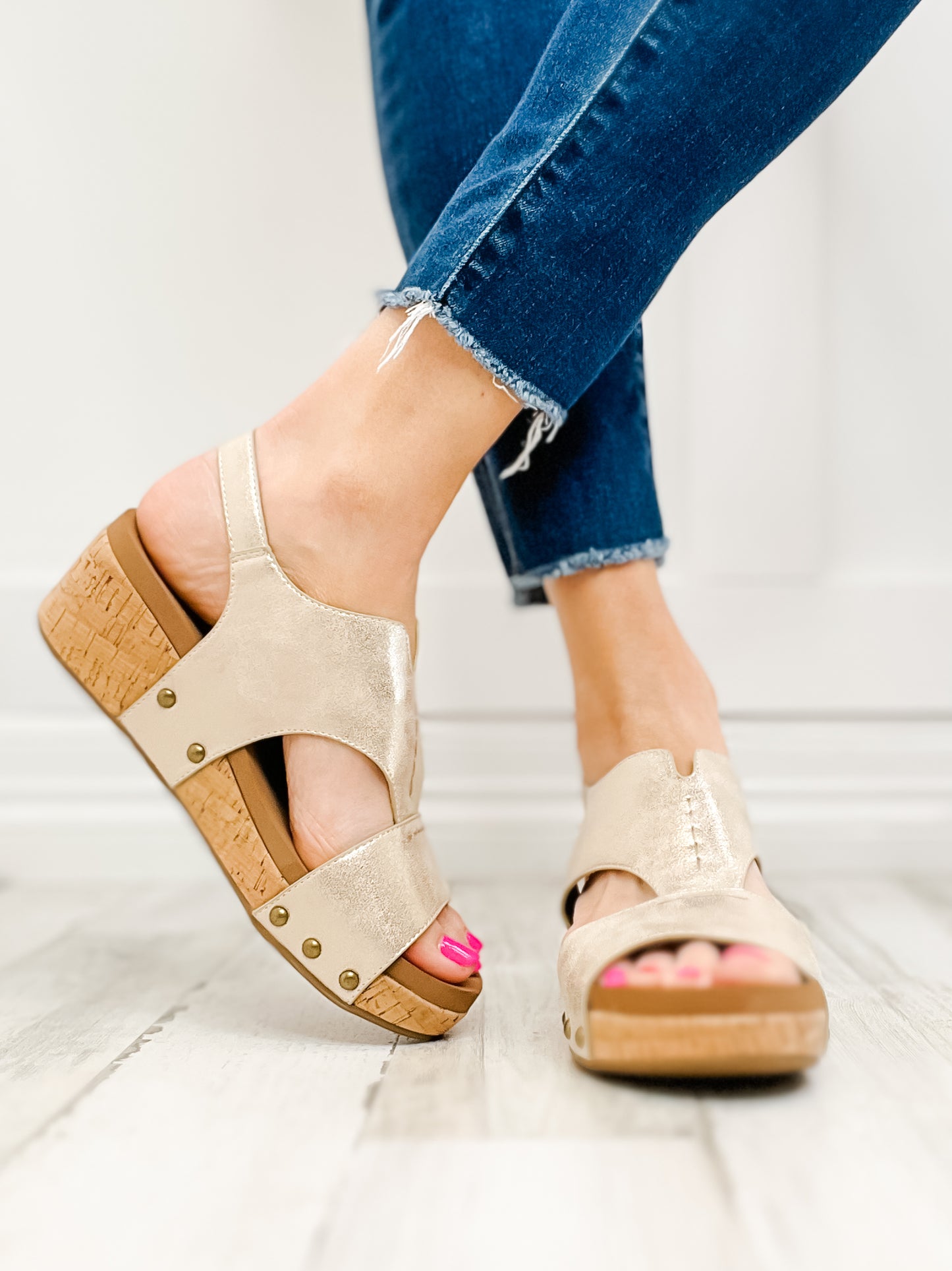 Corkys Refreshing Washed Gold Metallic Wedge Sandal