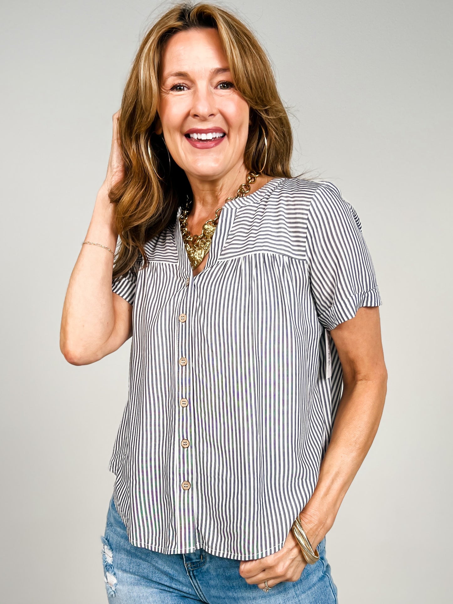 Stripe Split Neck Button Down Short Sleeve Top